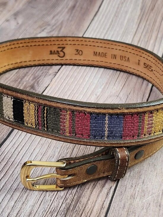 Bar 3 Womens Western Leather Belt 30 Brown Multicolored Woven‎ Textile Boho USA